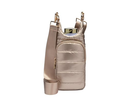 WanderFull Original Crossbody HydroBag | Quilted Water Bottle Carrier | Puffer Tote Tumbler Holder with Pockets for Purse, Phone & Accessories | Carry Travel Essentials (Gold Shiny/Solid Gold Strap)