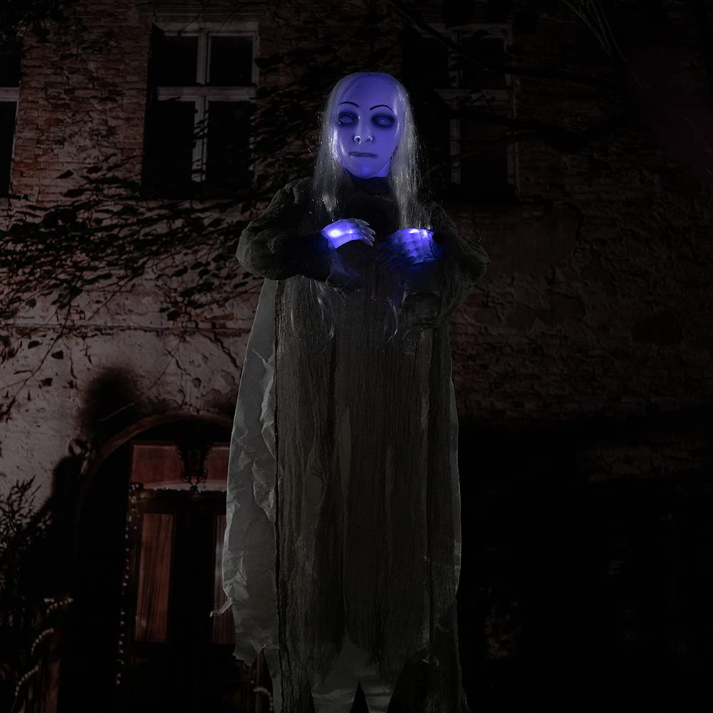 HollyHOME Animated Hanging Ghost with Glowing Head and Creepy Sounds Female Ghost Halloween Decorations Outdoor Haunted House Prop Decor 48 Inch