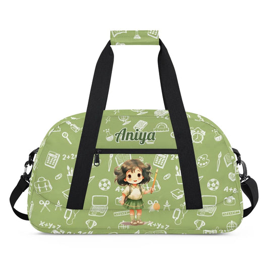 Personalized Gym Bag for Kids Girls, Cartoon Girl Pencil Custom Small Duffel Bag with Padded Handles Carry On Weekend Travel Bag for School Practice Ball Games