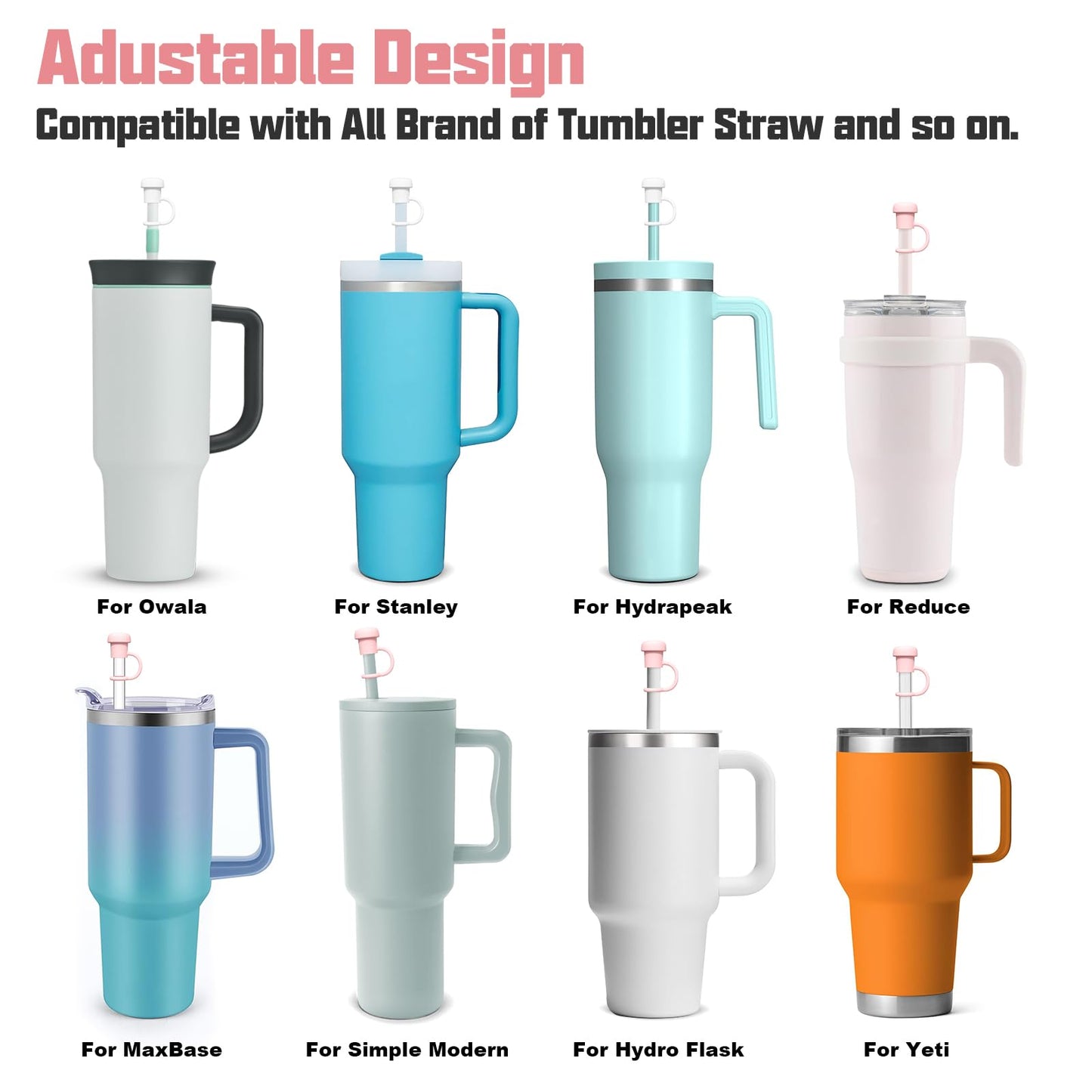 Adjustable Straw Cover for All Brand of Stanley, Simple Modern, Yeti, Owala, Hydro Flask, Reduce, Maars, Meoky, MaxBase, Beast, Hydrapeak and so on, Diameter 6mm-10mm, BPA Free, Dishwasher safe White