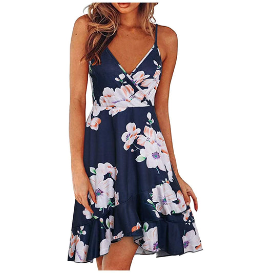 HINDOLA Women's Summer Dresses 2024 Spring Floral V Neck Adjustable Spaghetti Casual Flowy Beach Wrap Dress Sun Dresses B/Blue