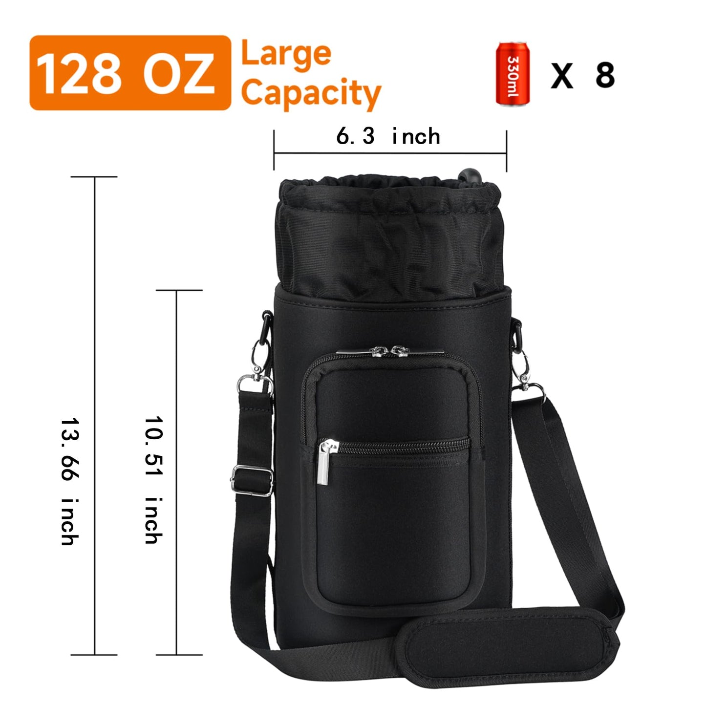 AceTreker 128 oz Neoprene Insulated Water Bottle Carrier Bag, One Gallon Sling Bag Sleeve Pouch Holder with Adjustable Shoulder Strap & Paracord Handle and 2 Pocket for Travelling, Hiking-Black