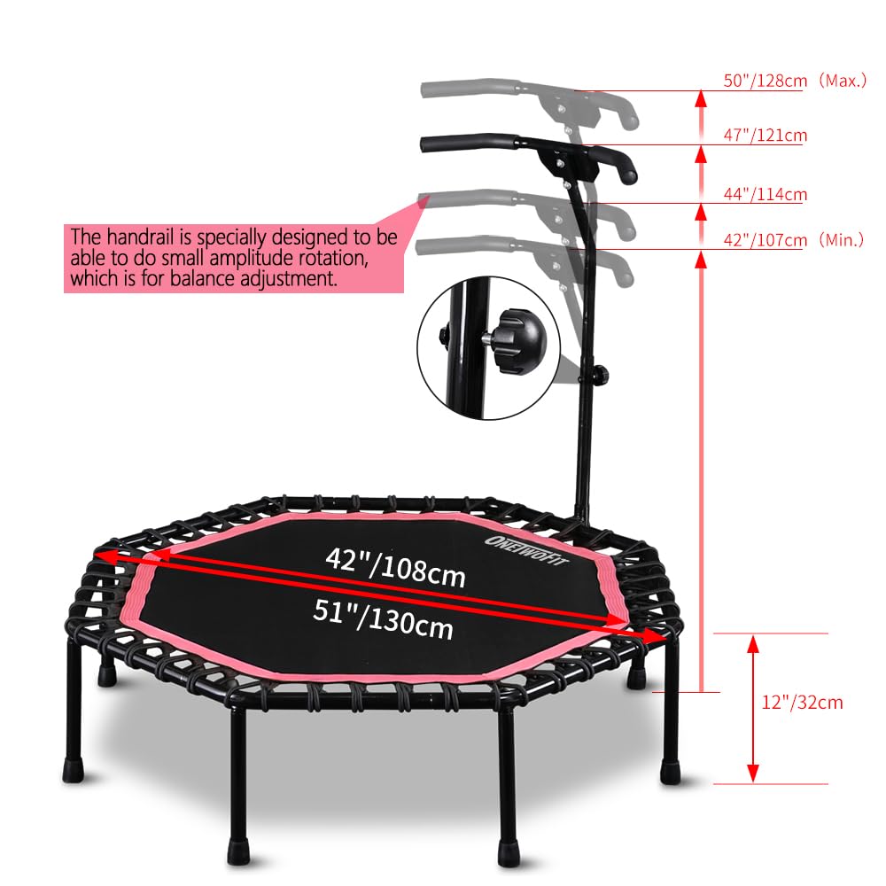 ONETWOFIT 51" Silent Trampoline with Adjustable Handle Bar, Fitness Trampoline Bungee Rebounder Jumping Cardio Trainer Workout for Adults…