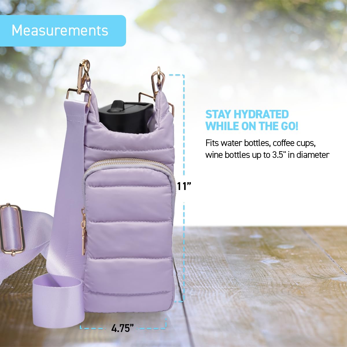 WanderFull Original Crossbody HydroBag | Quilted Water Bottle Carrier & Adjustable Strap | Puffer Tote with Two Pockets for Phone & Accessories | Carry Travel Essentials (Lavender)