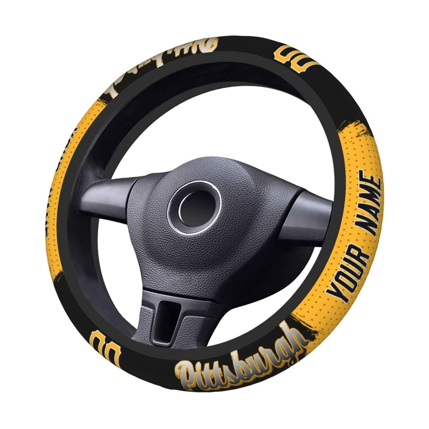 GENERIC Pittsburgh Custom Car Steering Wheel Covers,Personalized Name and Number,Anti Slip Elasticity Baseball Car Accessories,Universal 15 Inch Fit Suit for Most Car,SUV,ATV,Truck.