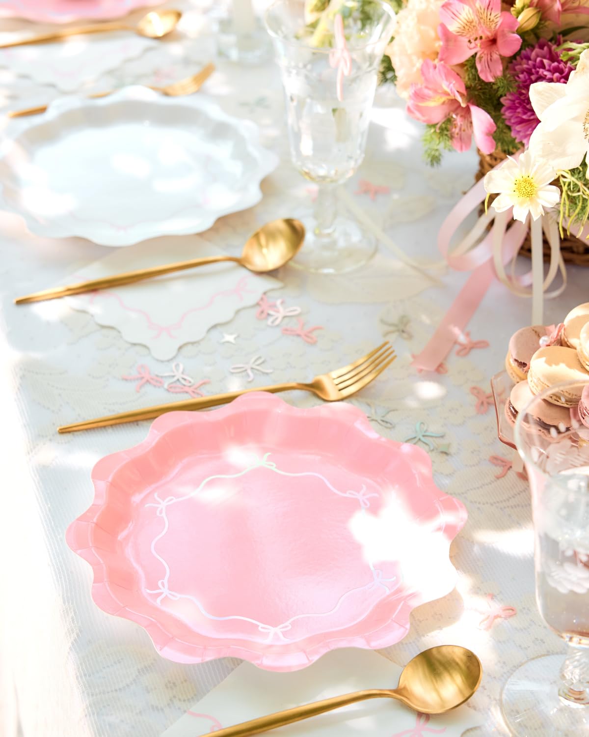 xo, Fetti Pink + Iridescent Wavy Bow Plates - 24 pcs | Bachelorette Decorations, Happy Birthday Party, Baby Shower, Cute Disposable Tableware, Bday Supplies, Bridal Shower