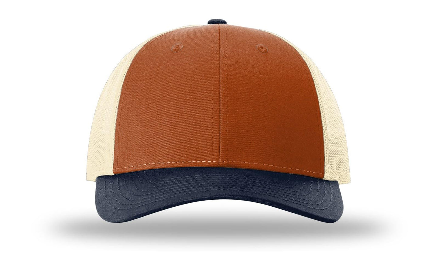 Richardson 115 Low Profile Trucker Hat Snapback Cap Adjustable Baseball Hat Blank Hat Bulk Hats - Dark Orange/Birch/Blue