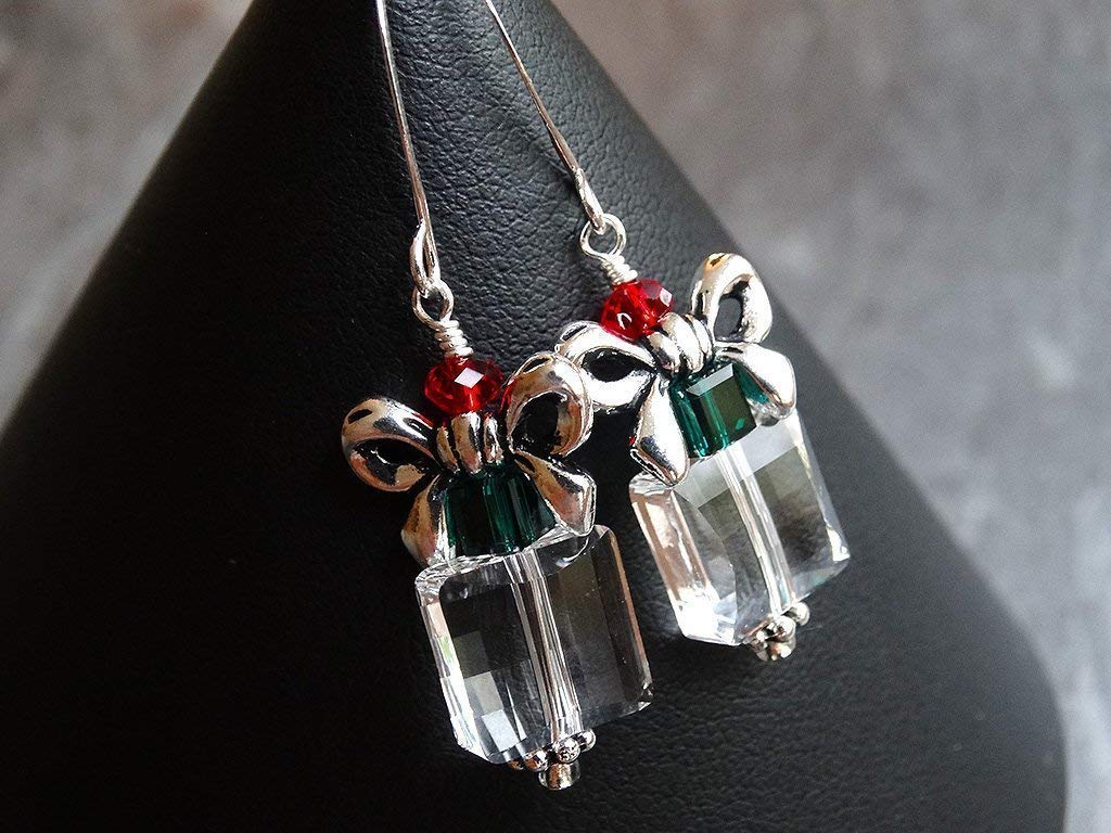 Designed By Stacey Handmade Sparkly Glass Crystal Earrings, Silver Plated Christmas Present Charm Dangly Drop Earrings, Elegant Gifts for Women, Christmas in July Jewelry, Winter Birthday, Holiday