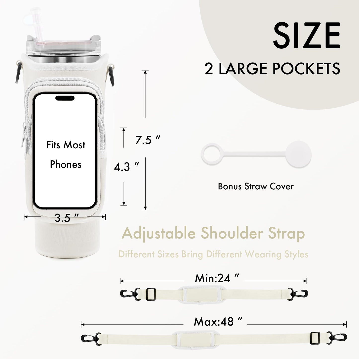 JEBEALUO Water Bottle Carrier Bag with Phone Pocket for Stanley Cup 40/30 oz, Water Bottle Holder with Adjustable Strap& Straw Cover, Stanley Cup Accessories (White)