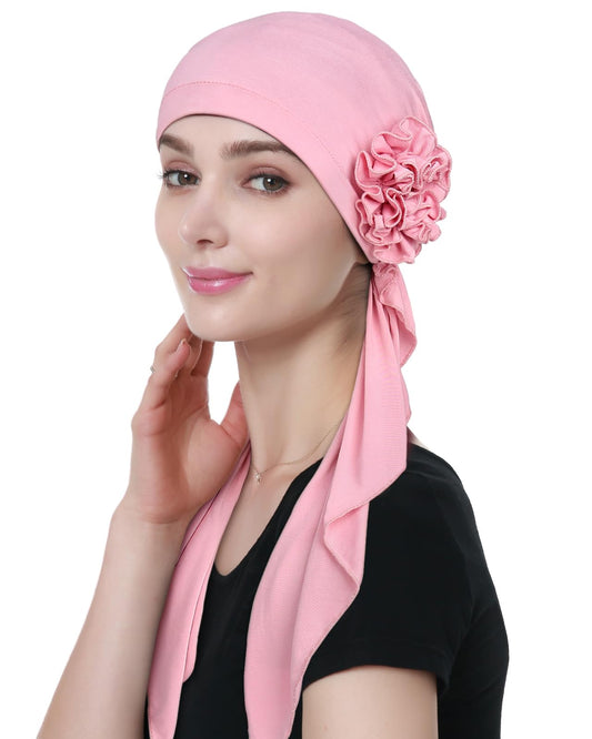 Womens Pre Tied Bandanas Soft Cancer Scarf Hair Cover Hat Pink