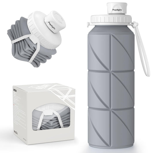 Popdigito Collapsible Water Bottle Foldable Silicone Travel Water Bottle Leakproof Flexible BPA Free Portable,Folding Water Bottle Lightweight for Camping, Hiking,Sports Water Bottles Travel 23oz