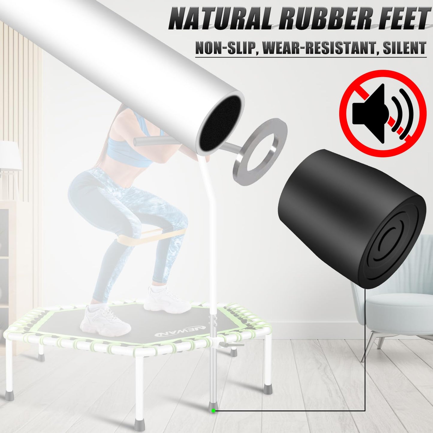 Newan 48'' Fitness Trampoline with Adjustable Handle Bar, Silent Trampoline Bungee Rebounder Jumping Cardio Trainer Workout for Adults - Max Limit 330 lbs
