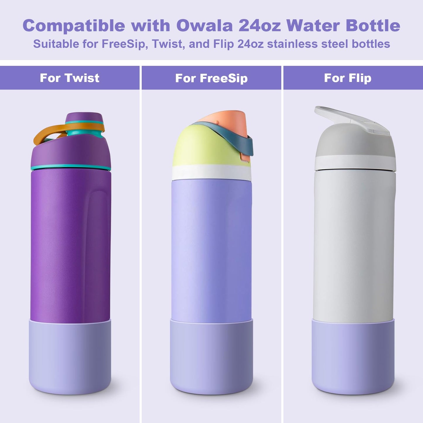 Comheral 2PCS Silicone Water Bottle Boot for Owala 24oz, Anti-Slip Protective Sleeve Bottom Bumper for FreeSip, Twist, and Flip Stainless Steel Bottles, Dishwasher Safe and BPA Free(Purple)