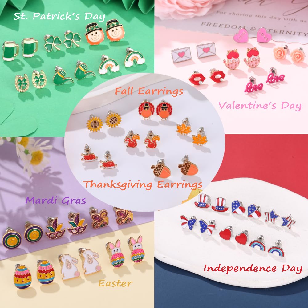 Yoshow 54 Pairs Hypoallergenic Holiday Earrings Variety Pack Cute Halloween Stud Earrings Bulk for Women Teens Fun Thanksgiving Christmas Earrings Set Fall Earrings Jewelry