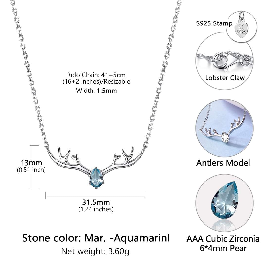 U7 Women Collar Necklace March Birthstone Aquamarine Jewelry Sterling Silver Lucky Reindeer Antler Necklace 16"-18"