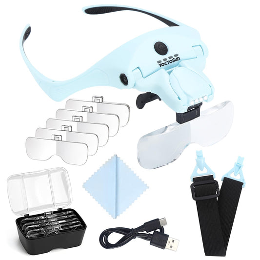 YOCTOSUN Magnifying Glasses with Light for Close Work, Head Magnifier with 4 LED Lights and 5 Detachable Lenses 1X to 3.5X,Rechargeable Hands Free Headband Magnifier Glasses for Crafts, Hobby