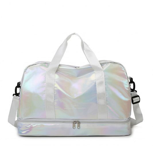 Gym yoga Bag Dry Wet Separated,Sports Travel Duffel Bag,Weekender Overnight Carry On Bag with Shoes Compartment Wet Pocket Women Travel Foldable Bag (fluorescent white)