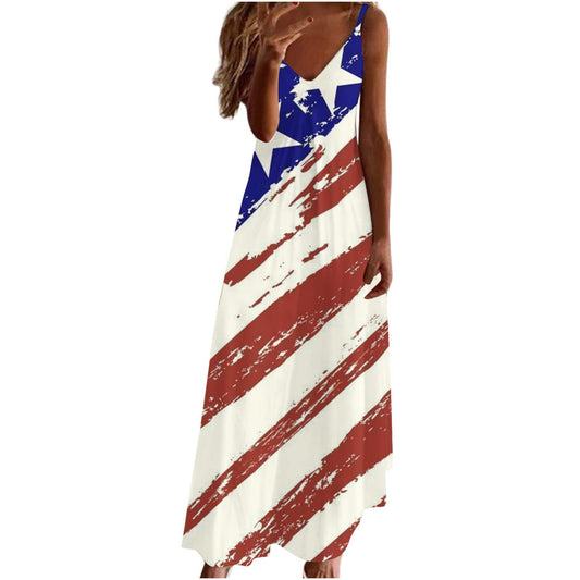 hlysgo Patriotic Dress for Women 2024 Trendy Stars Stripes Print Sleeveless V Neck Maxi Dresses 4th of July Vacation Dress