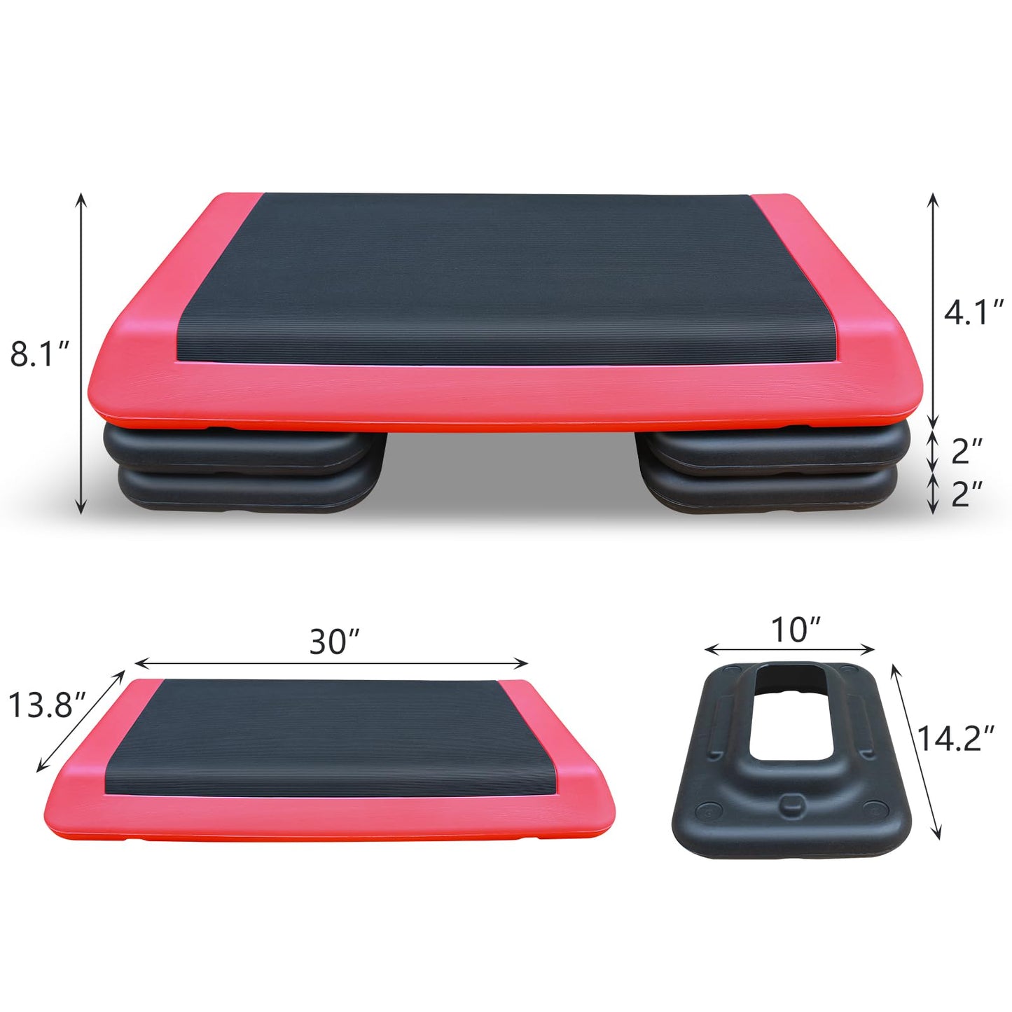 SculPong Aerobic Step Platform Height Adjustable Workout Step 4" - 6" - 8" for Fitness Strength Training with 2 Risers Rose Red
