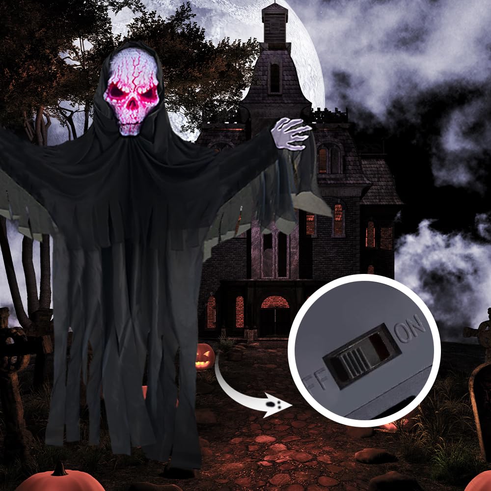 YOKUJITI 72" Halloween Animatronics Ghost Outdoor Decoration Hanging Faceless Animatronics Prop with Sound Activated, Scary Reaper with Light Mask in Dark Horror Robe for Haunted House