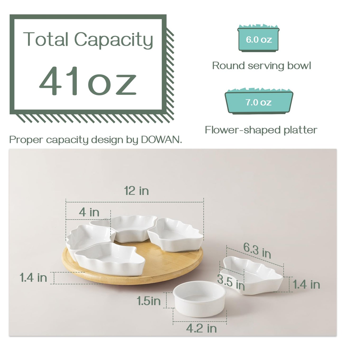 DOWAN 360° Rotatable Serving Tray and Platters, 12 Inch Divided Serving Bowls for Party, Kitchen Decor, Removable Serving Dishes for Chips and Dip, Fruit, Veggies, Candy and Snacks, 7 Pieces, White