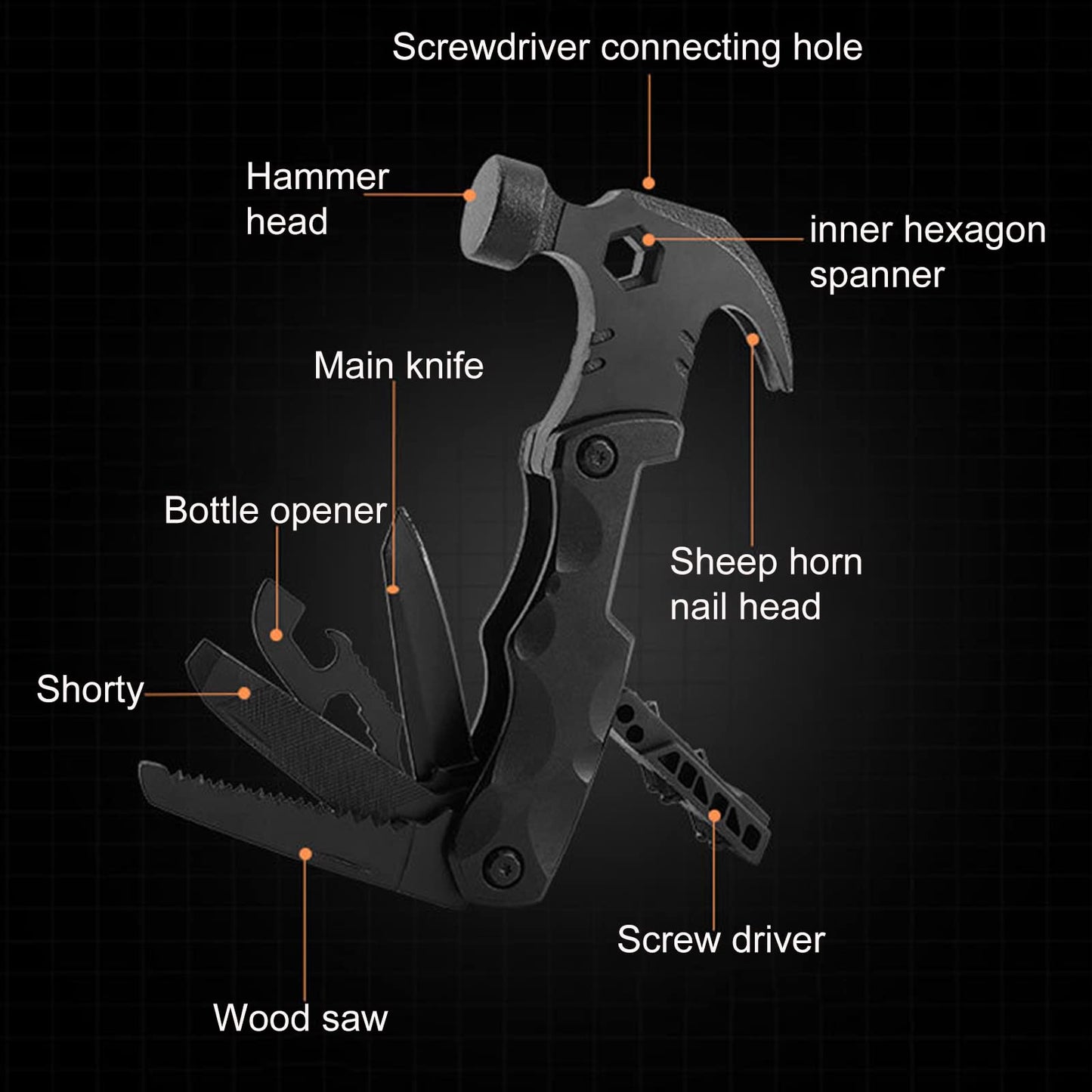 Multitool 9 in 1 Hammer Multifunctional Outdoor Hunting Kit Christmas Gifts for Emergency Unique Portable Escape,Travel,Family Mini Camping Gear Survival Tool for Dad Boyfriend Men,Black