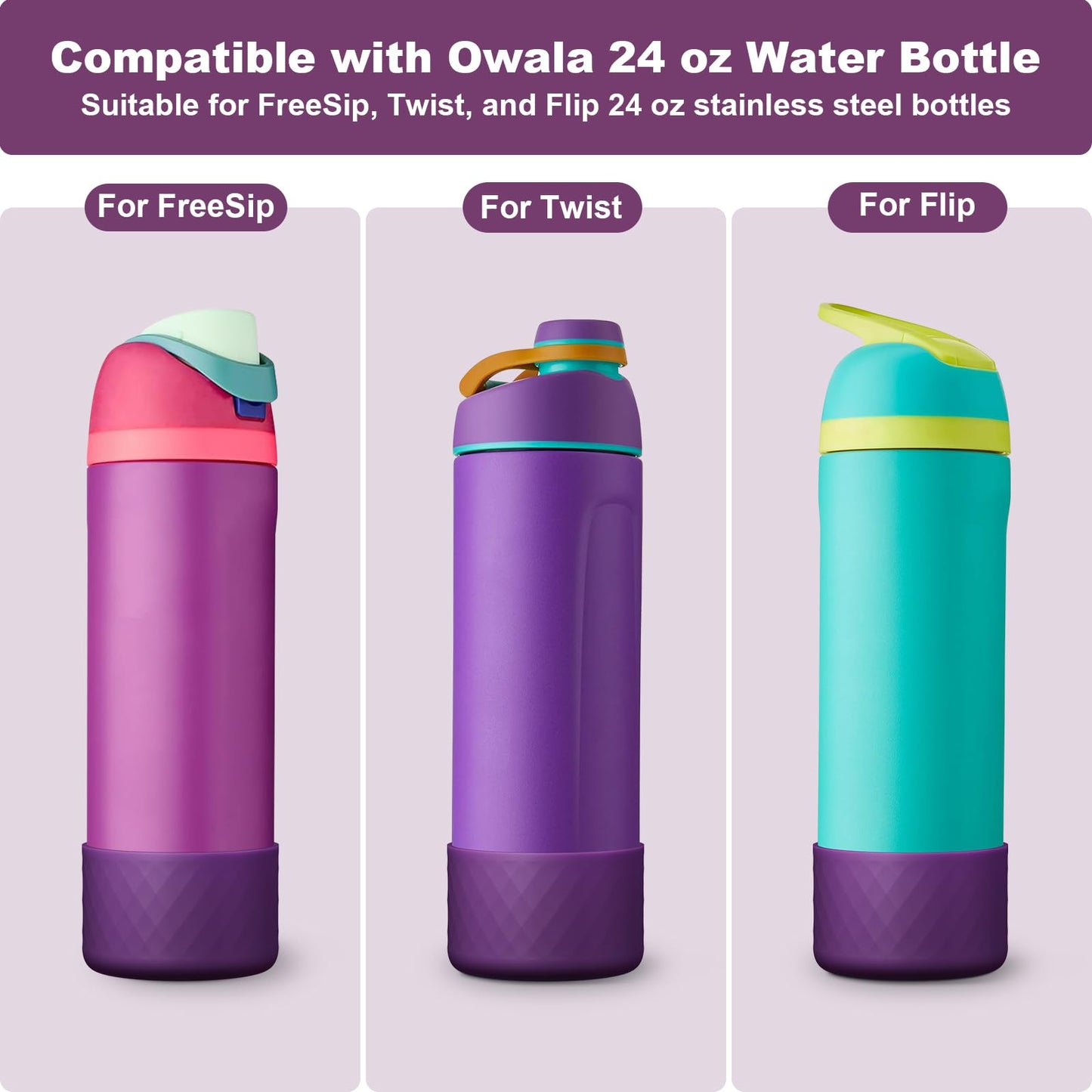 Alwenid 2PCS Silicone Water Bottle Boot for Owala 24 Oz, Anti-Slip Protective Sleeve Bottom Bumper Protector for FreeSip, Twist, and Flip Stainless Steel Water Bottles (Dark Purple)