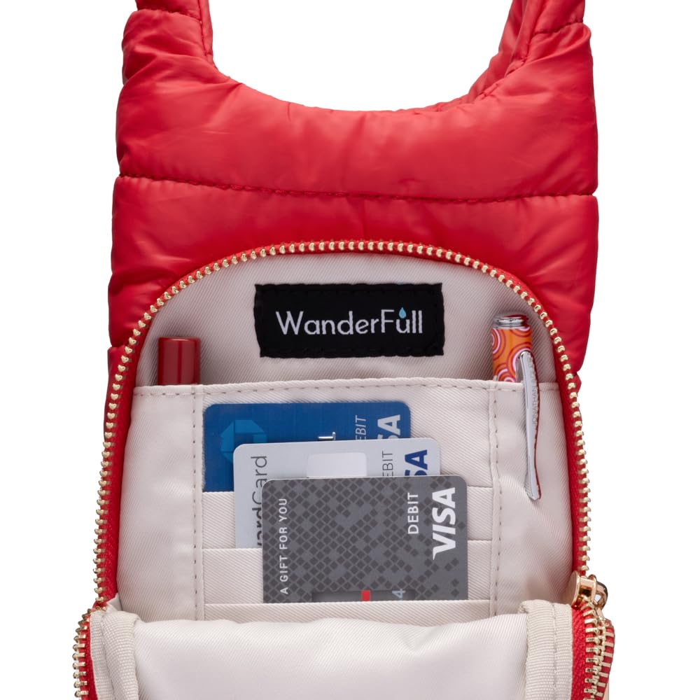 WanderFull Original Crossbody HydroBag | Quilted Water Bottle Carrier & Adjustable Strap | Puffer Tote with Two Pockets for Phone, Accessories & Travel Essentials (Poppy Red)