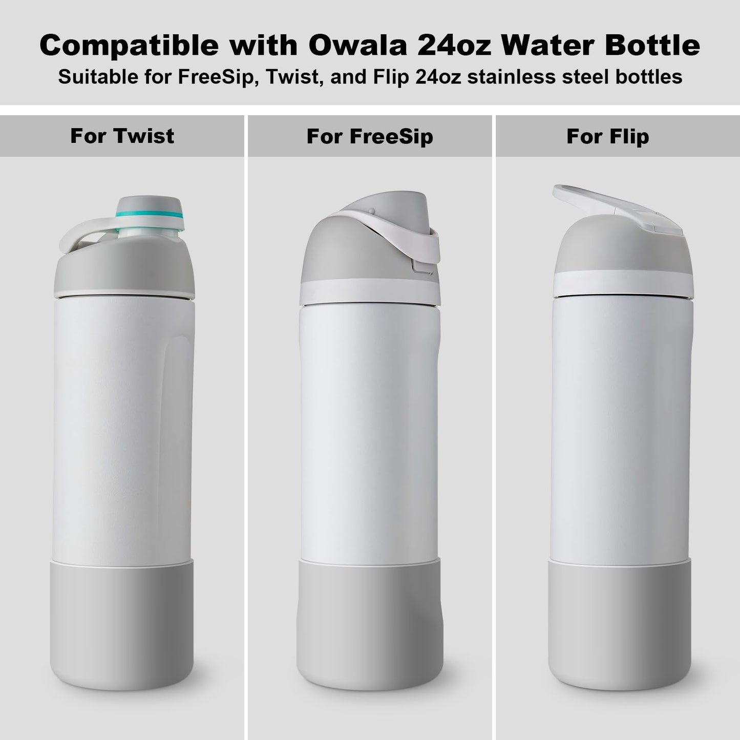 Comheral 2PCS Silicone Water Bottle Boot for Owala 24oz, Anti-Slip Protective Sleeve Bottom Bumper for FreeSip, Twist, and Flip Stainless Steel Bottles, Dishwasher Safe and BPA Free(Gray)