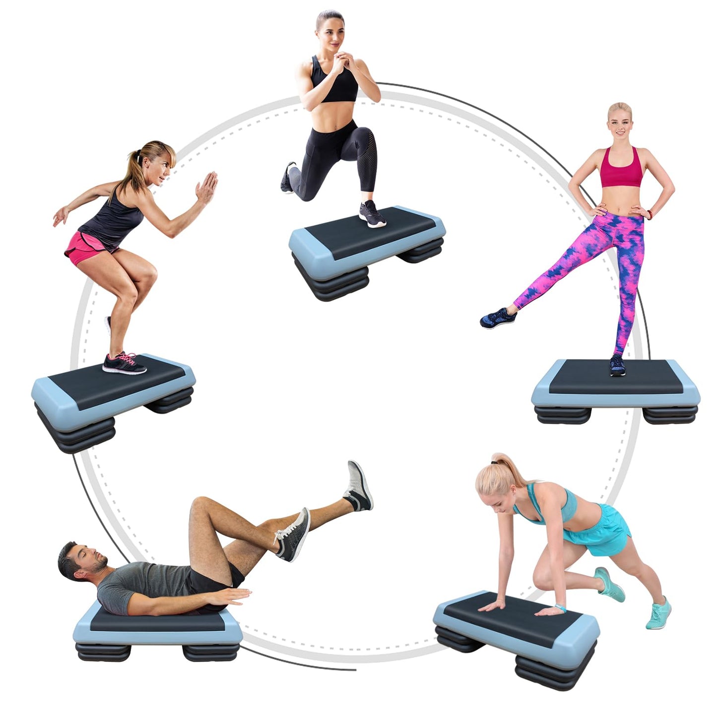 SculPong Aerobic Step Platform Height Adjustable Workout Step 4" - 6" - 8" for Fitness Strength Training with 4 Risers Gray