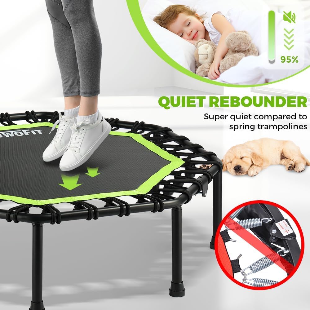 ONETWOFIT Foldable Rebounder Trampoline for Adults, 42” Mini Fitness Trampoline W/Adjustable Foam Handle Bungees, Quiet Exercise Trampoline for Personal Indoor Garden Workout, Max Load 330lbs