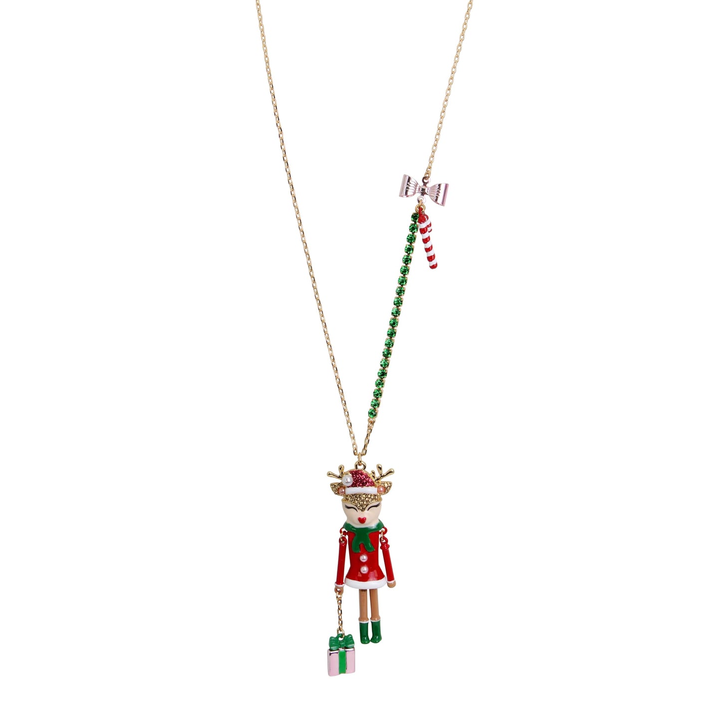 Betsey Johnson Womens Jingle Bell Bling Christmas Reindeer Pendant Necklace