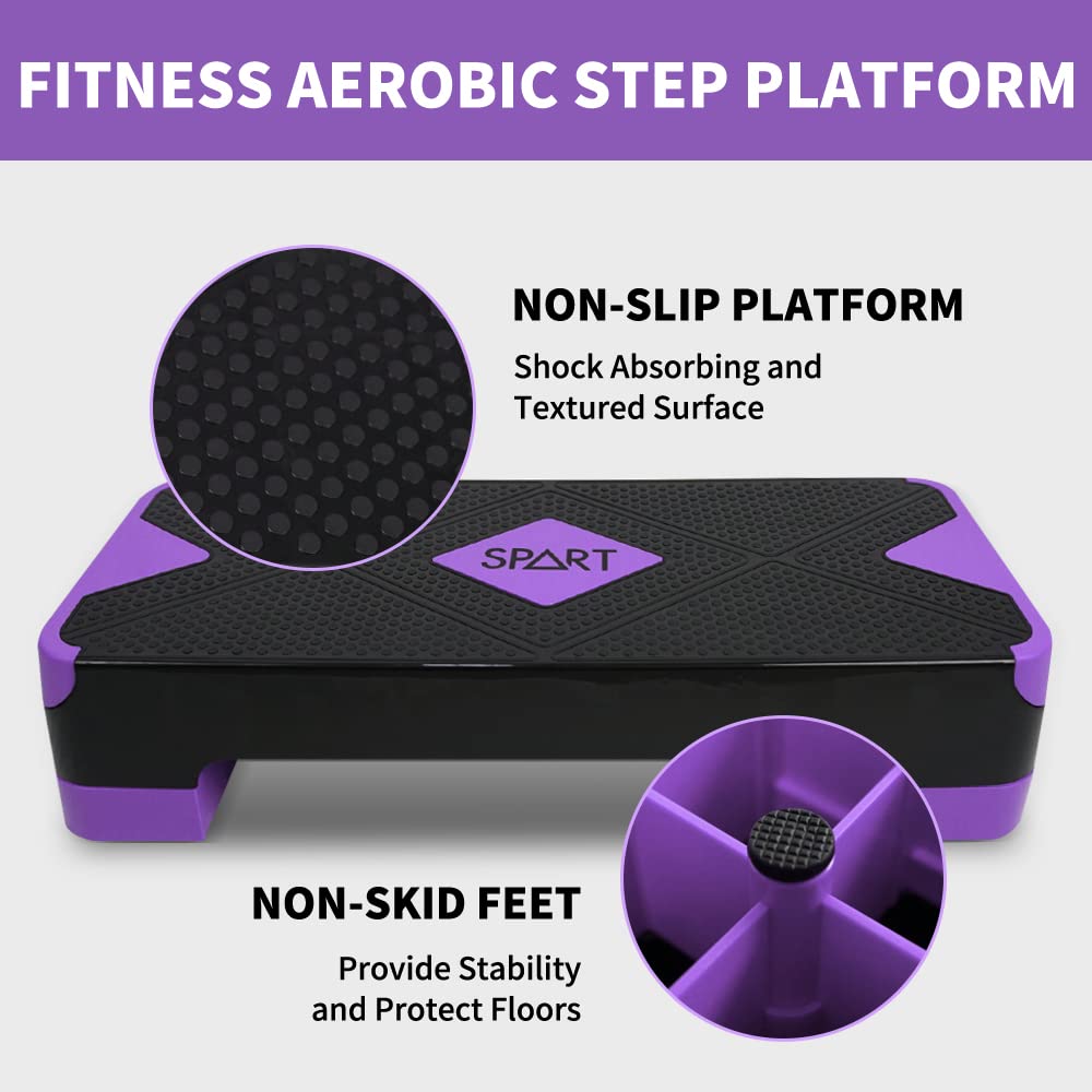 SPART Adjustable Workout Aerobic Stepper, Aerobic Exercise Step Platform with 4 Risers, 3 Levels Adjust 4" - 6" - 8", 26.77" Trainer Stepper with Non-Slip Surface for Home Gym, Black-Purple
