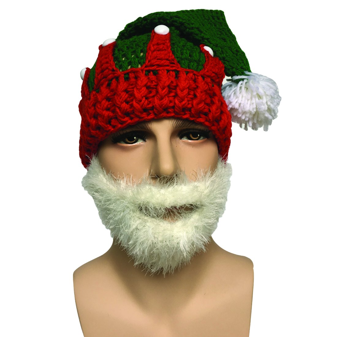 Kafeimali Unisex Christmas Winter Knitted Crochet Beanie Santa Hat with Beard Foldaway Bearded Caps (Red)