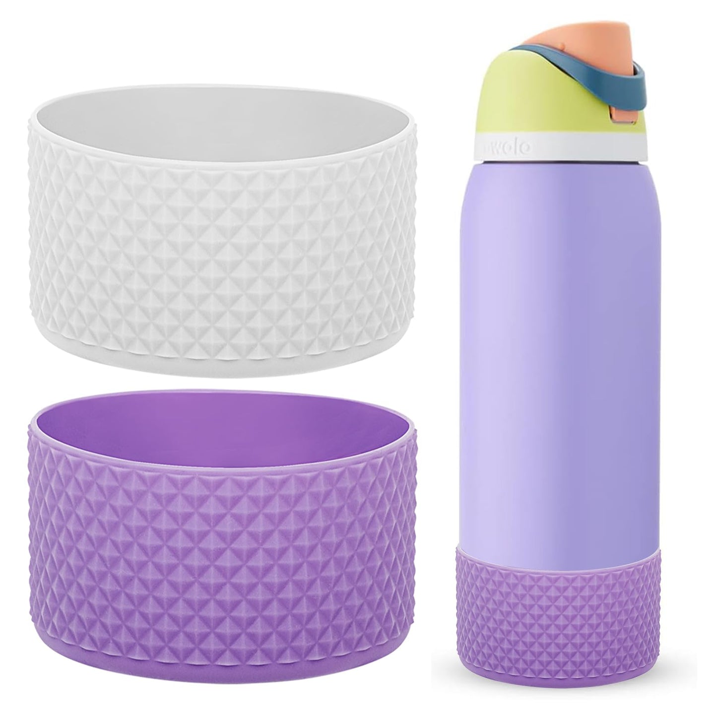 WK IEASON 2Pcs Silicone Water Bottle Boot for Owala 24oz 32oz 40oz, Protective Flask Bottom Cover Base for Owala FreeSip Twist and Flip Flask Bottles (Diomond White/purple, 24OZ)