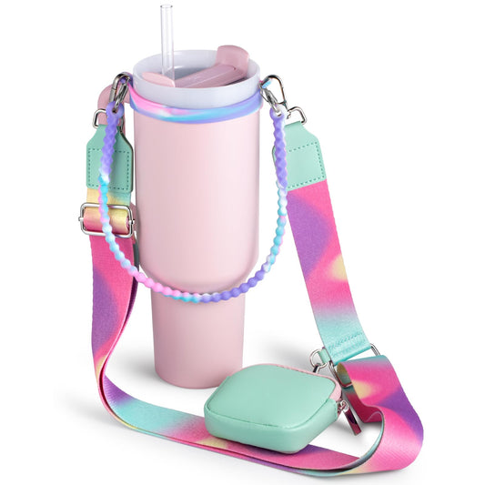Water Bottle Handle for Stanley Cup Accessories 40 oz, Carrier with Shoulder Strap for Owala/Hydroflask/Simple Modern/Yeti Tumbler, Holder with Wallet for Stanley Cup 30 oz 20 oz