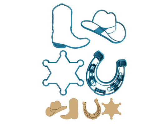 4 Piece Cowboy Cookie Cutter Set - Includes Wild West Country Cowboy Cowgirl Boot, Rustic Western Rodeo Hat, Detailed Horseshoe, Gold Star Sheriff's Badge (4 Inch)