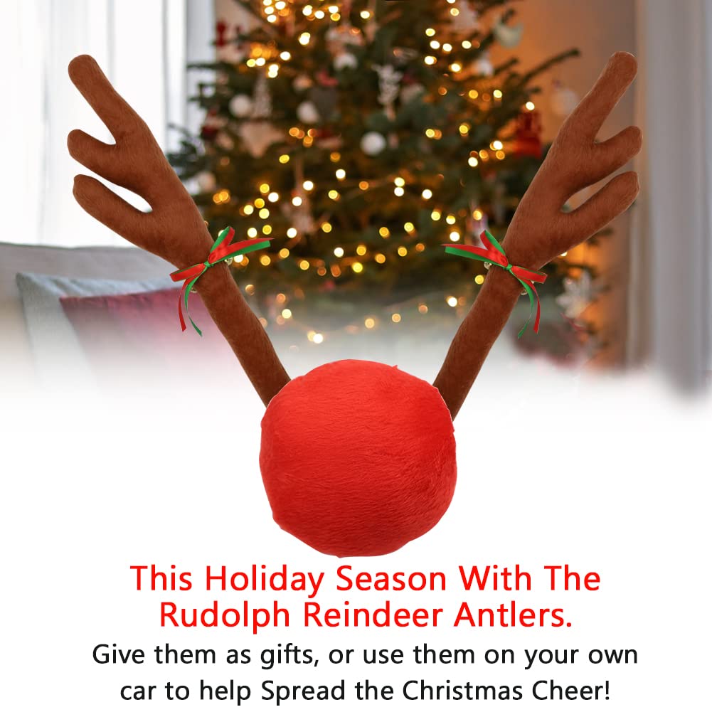 Abnaok Car Reindeer Antler Kit and Nose, Reindeer Christmas Decoration for Car Window Roof-Top & Front Grille,Christmas Reindeer Antlers Auto Decoration Set for Car SUV Van Truck