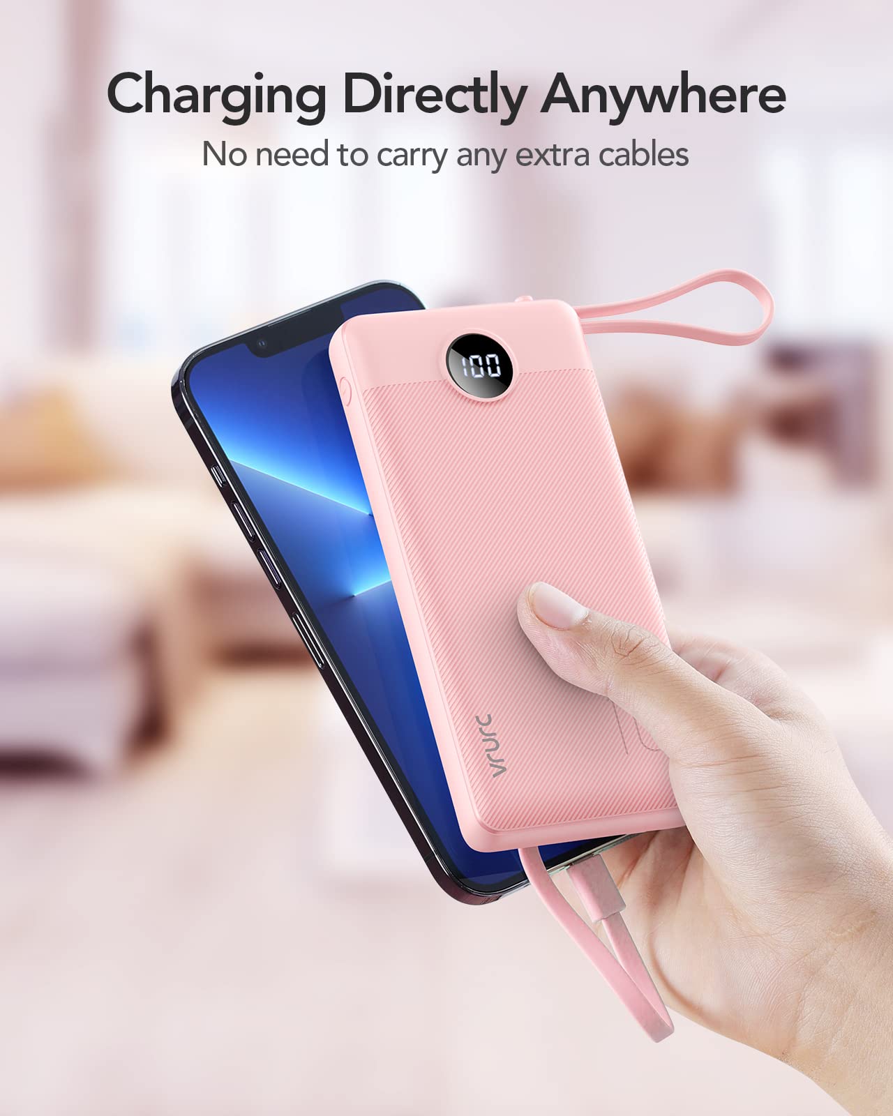 VRURC Portable Charger Power Bank, 10000mAh Travel Essentials Battery Pack, 5 Outputs 2 Inputs Slim Charging Bank Built-in Cables Cords Wires Compatible with iPhone,Samsung,Android-Pink(1 Pack)