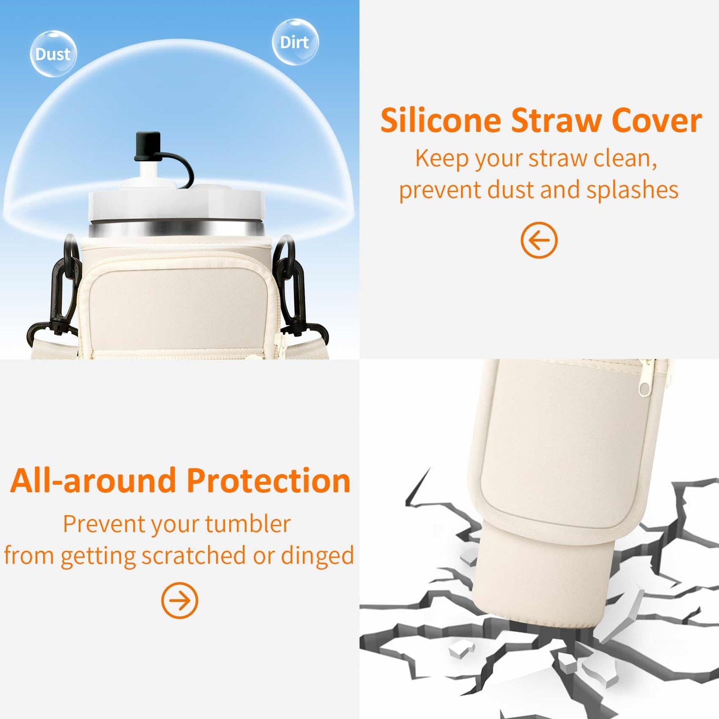 AceTreker Water Bottle Sleeve Bag with Paracord Handle for Stanley 30/40 oz Tumbler Insulated Thermos Cup Carrier Sling with Phone Pocket & Straw Cover for Stanley Cup Accessories-Cream