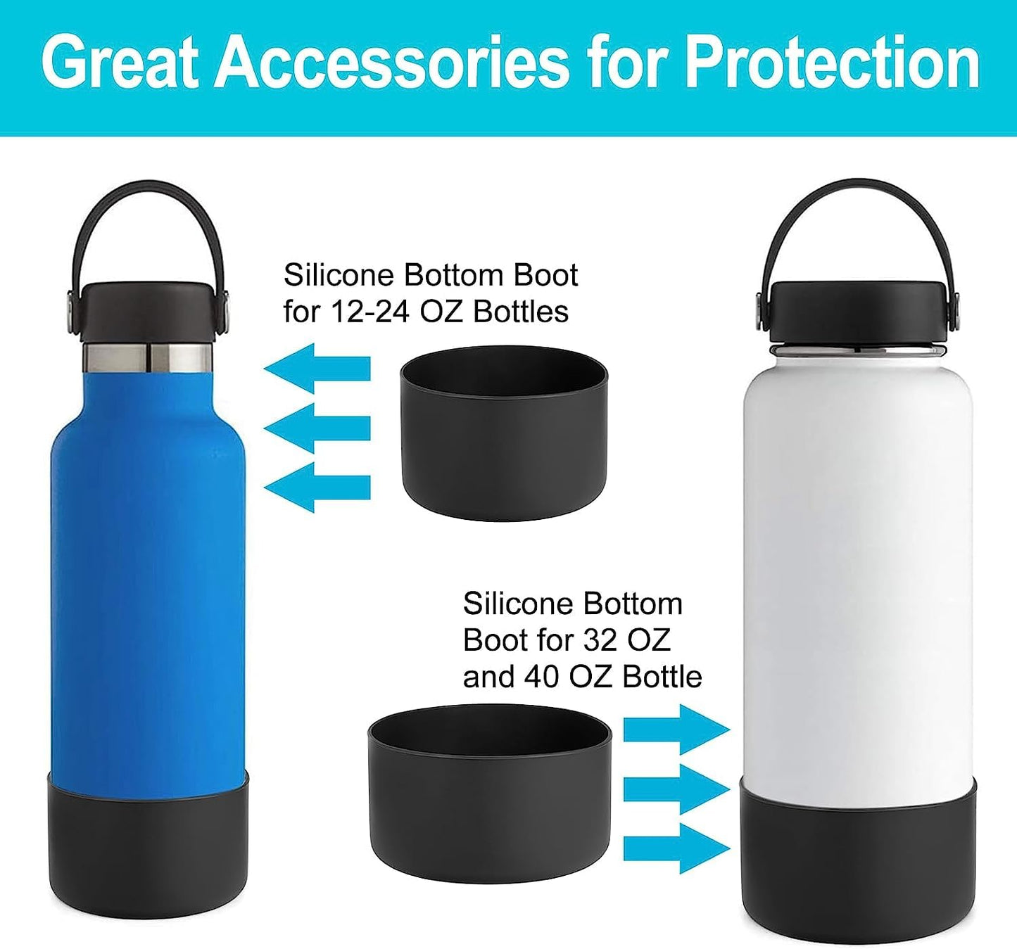 DBIW Boot for Hydro Flask 12-24 OZ Water Bottle/Stanley Tumbler, Bottom Boots for Hydroflask Sports Water Bottles, Silicone Bottom Cover Sleeve (Black-2 Pack, Fits Stanley Cups + Hydro 12-24 oz)