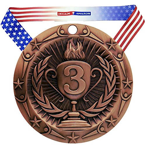 Decade Awards' 3rd Place Bronze Medal - Large Metal Award Medals with Stars & Stripes American Flag V Neck Ribbon - Perfect for School Competitions, Coaches, Students, Athletes & Scholars