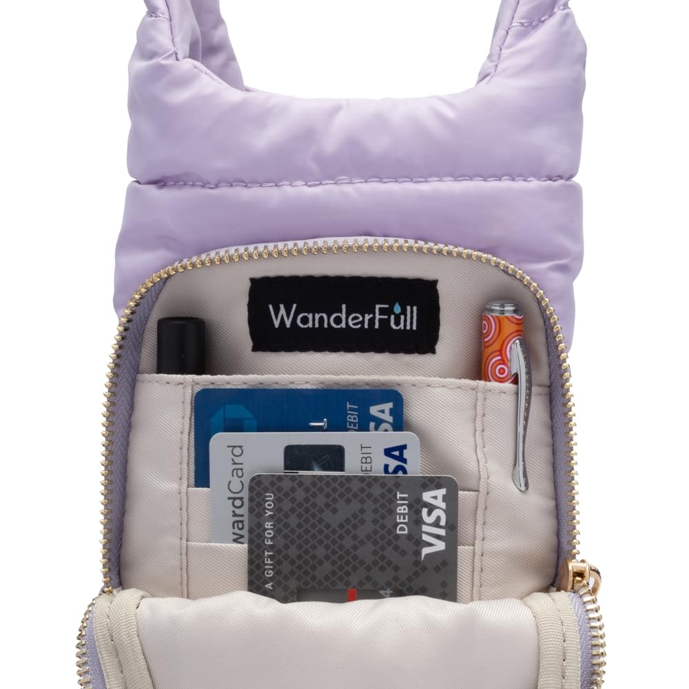 WanderFull Original Crossbody HydroBag | Quilted Water Bottle Carrier & Adjustable Strap | Puffer Tote with Two Pockets for Phone & Accessories | Carry Travel Essentials (Lavender)