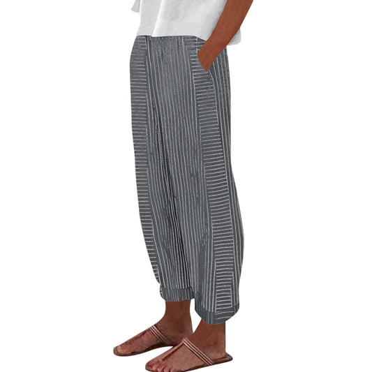Generic ,Clothes for Women Pants for Women Trendy Womens Capris Summer Striped Linen High Waisted Baggy Trousers Pants Work Wide Legged Women Jogger Pants(Black,M), Medium