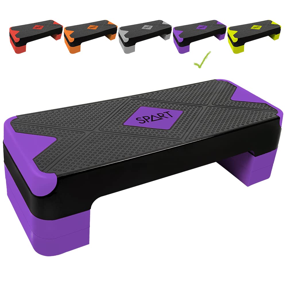 SPART Adjustable Workout Aerobic Stepper, Aerobic Exercise Step Platform with 4 Risers, 3 Levels Adjust 4" - 6" - 8", 26.77" Trainer Stepper with Non-Slip Surface for Home Gym, Black-Purple