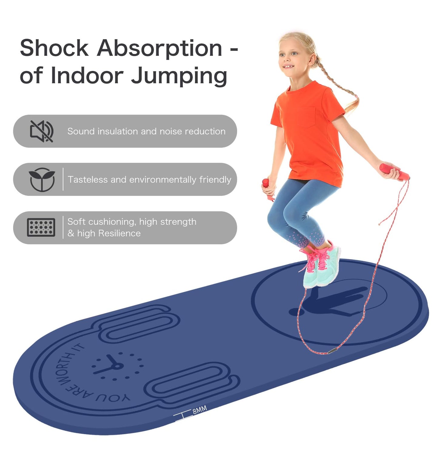 LERYG 8/20/30mm Jump Rope Mat Fitness Exercise Mat Durable, Non-Slip, Workout Mats with Jump Rope & Carrying Bag for Home Gym Flooring in Blue(55"x 24")