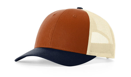 Richardson 115 Low Profile Trucker Hat Snapback Cap Adjustable Baseball Hat Blank Hat Bulk Hats - Dark Orange/Birch/Blue