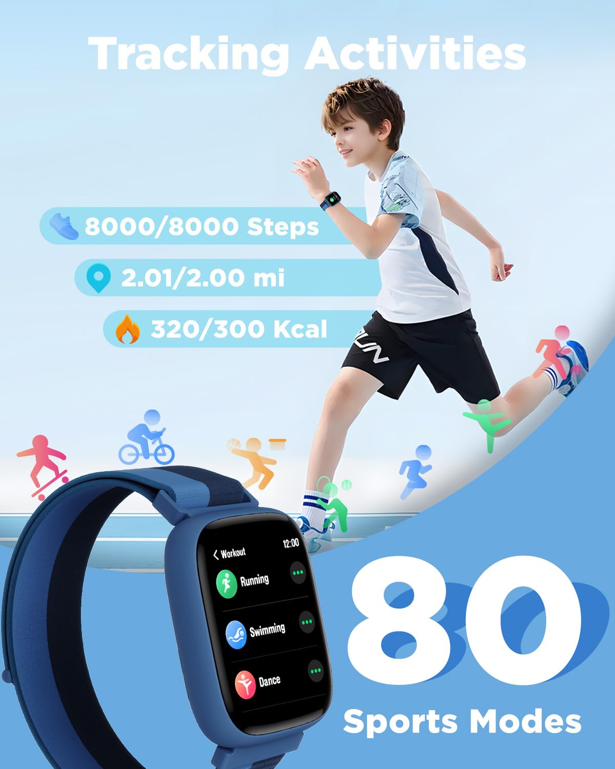 BIGGERFIVE Smart Watch for Kids, 1.8" Fitness Tracker Watch Pedometer, Heart Rate, IP68 Waterproof, Sleep Monitor, Calorie Step Counter, Puzzle Game with/Without APP for Girls Boys Teens 5-16, Nylon