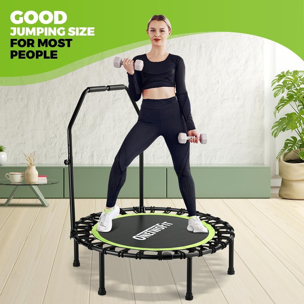 ONETWOFIT Foldable Rebounder Trampoline for Adults, 42” Mini Fitness Trampoline W/Adjustable Foam Handle Bungees, Quiet Exercise Trampoline for Personal Indoor Garden Workout, Max Load 330lbs
