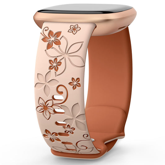 OHOTLOVE Floral Engraved Bands Compatible for Fitbit Sense Bands/Fitbit Versa 3 Bands Women/Fitbit Versa 4 Bands/Sense 2 Bands,Soft Cute Two-Tone Flower Sport Watch Strap Replacement Wristbands.D